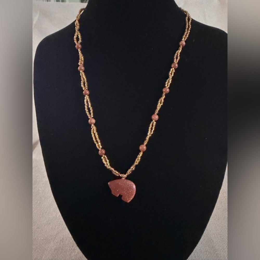 Gold & Brown Beaded Bear Pendant Necklace - Womens Jewelry